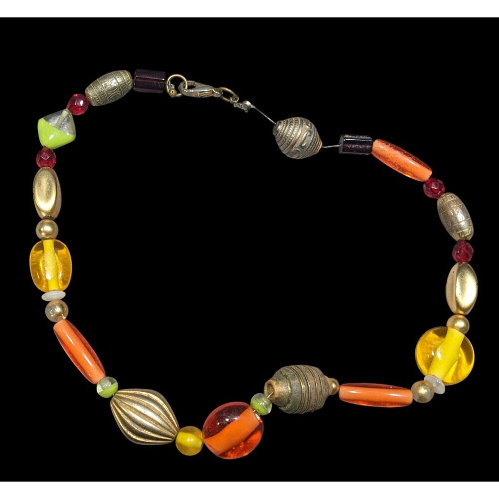 Handmade Retro Orange And Yellow Glass And Metal Beaded Necklace